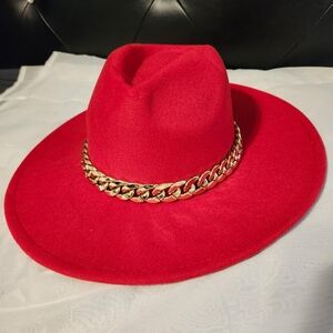 Red Fedora Hat with Gold Chain NWOT